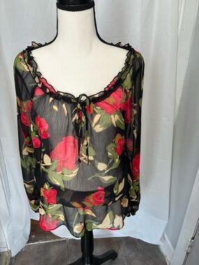 New York & Co XS semi sheer long sleeve floral pullover blouse